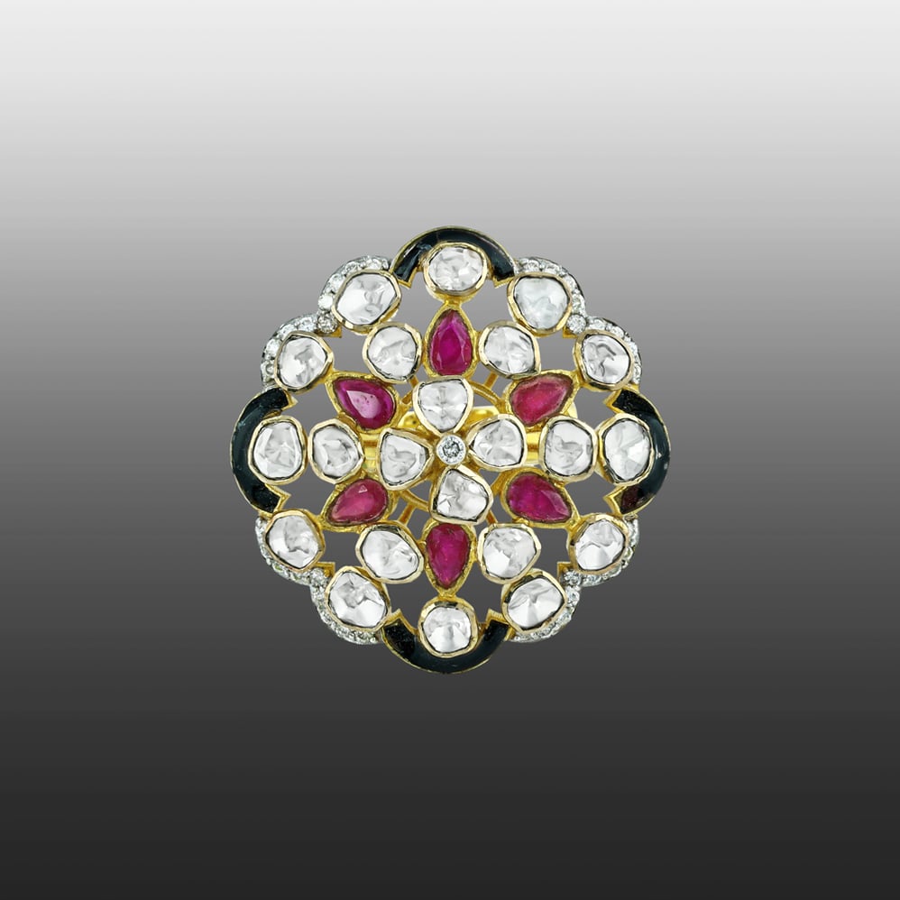 Floral Polki Ring with Red Talaf, Black colour stone, and Diamonds